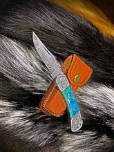 Load image into Gallery viewer, Pocket Knife Dyed Blue Bone 6.5'' Damascus Steel Knife Steel
