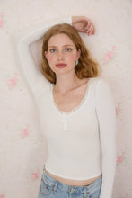 Load image into Gallery viewer, LACE TRIM BUTTON DETAIL LONG SLEEVE KNIT TOP : DARK BROWN
