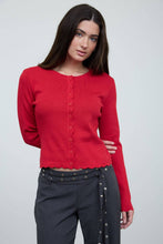 Load image into Gallery viewer, SCALLOPED BUTTON DETAIL LONG SLEEVE KNIT CARDIGAN : BLACK