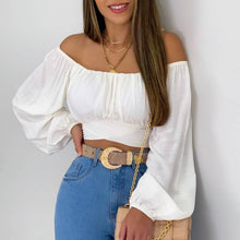 Load image into Gallery viewer, Crop Top Balloon Sleeve Straight-Neck Shirt: White / L