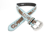 Load image into Gallery viewer, Turquoise Tooled Floral Belt Brown Accents ABB WST 09