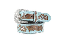 Load image into Gallery viewer, Turquoise Tooled Floral Belt Brown Accents ABB WST 09