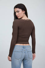 Load image into Gallery viewer, LACE TRIM BUTTON DETAIL LONG SLEEVE KNIT TOP : DARK BROWN