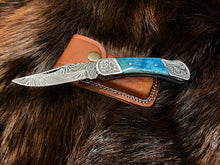 Load image into Gallery viewer, Pocket Knife Dyed Blue Bone 6.5'' Damascus Steel Knife Steel