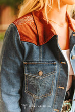 Load image into Gallery viewer, Denim Boot Stitch Brown Leather Yoke Jacket: M
