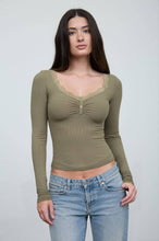 Load image into Gallery viewer, LACE TRIM BUTTON DETAIL LONG SLEEVE KNIT TOP : DARK BROWN